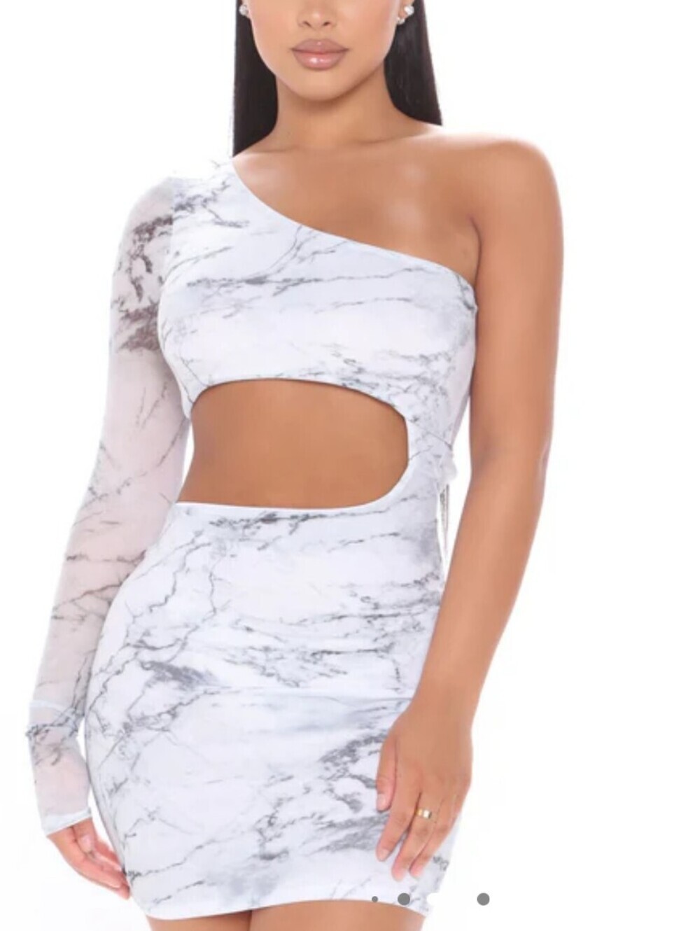 Fashion Nova Marble One-Shoulder Cutout Mini Dress - White/Black